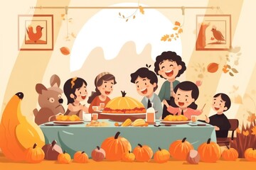 Fototapeta premium Family kitchen scene Thanksgiving illustration