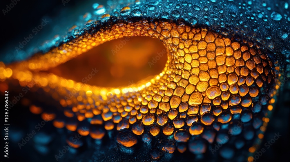 Poster close-up of a textured surface with water droplets illuminated by a warm light.