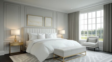 A Modern Bedroom with White Bedding and a Gold-Framed Ottoman