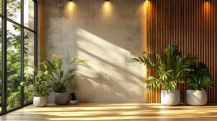 Fototapeta premium Minimalist Interior with Wooden Wall and Plants. Generative AI
