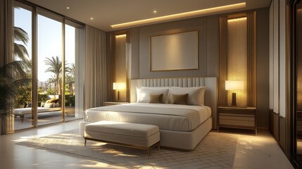 Fototapeta premium Luxurious Bedroom Interior with Golden Accents and a View of Palm Trees