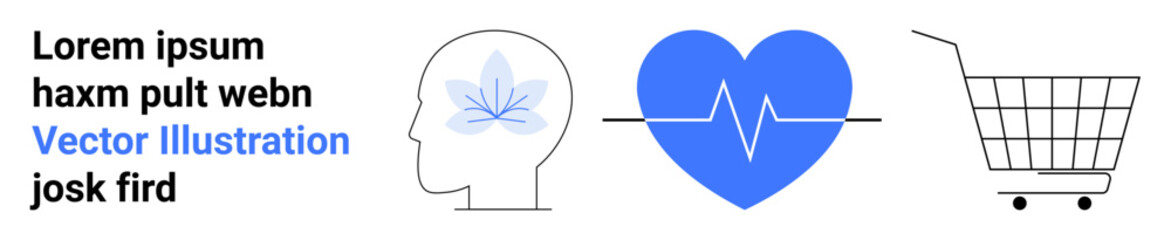 Abstract brain with leaf, blue heart with EKG line, and wireframe shopping cart. Ideal for mental health, healthcare, wellness, e-commerce, medical advice, holistic living, retail health. Banner