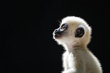 Fototapeta premium the beside view baby Sifaka primate standing, left side view, low angle, white copy space on right, Isolated on black Background