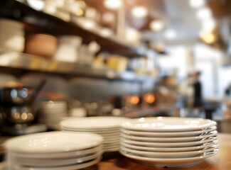 A stack of white plates in a bustling kitchen setting.