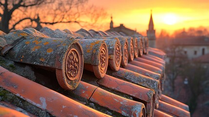 Close-up of a tiled roof with a church spire in the background at sunset.