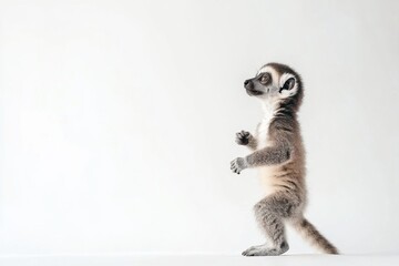 Fototapeta premium the beside view baby Lemur primate standing, left side view, low angle, white copy space on right, Isolated on White Background