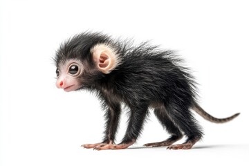 the beside view baby Aye-aye primate standing, left side view, low angle, white copy space on right, Isolated on White Background