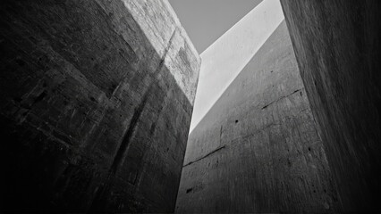 Generative AI, Dark, dramatic black-and-white architectural photograph of towering concrete walls with minimal light and sharp geometric contrasts