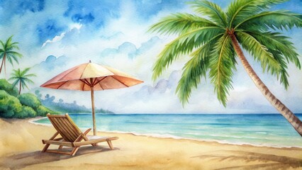 Watercolor of palm trees, chaise lounge, beach umbrella, and beach clipart, watercolor, summer