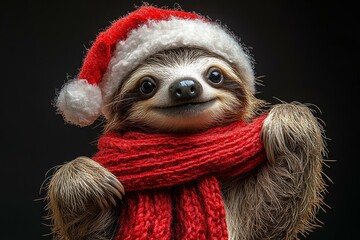 Fototapeta premium Adorable sloth in Santa hat and scarf brings festive humor to Christmas and winter celebrations
