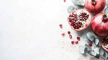 Pomegranate branches and fruits on a white background with copy space