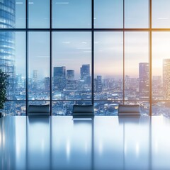 Plakat Empty boardroom, panoramic city skyline view at sunset, office interior, business success