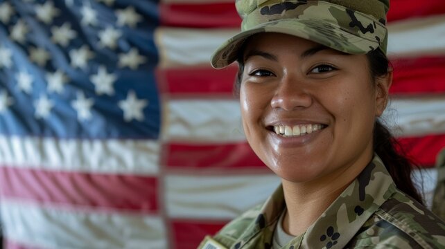 Portrait of a smiling mixed-race female soldier in camo cap, with blurred American flag background.