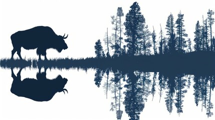 Silhouette of bison by lake with reflection in Yellowstone National Park, USA, with pine tree forest backdrop