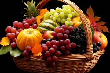 Abundant Harvest Basket, Autumn Fruits and Vegetables Composition. Healthy Eating Concept.