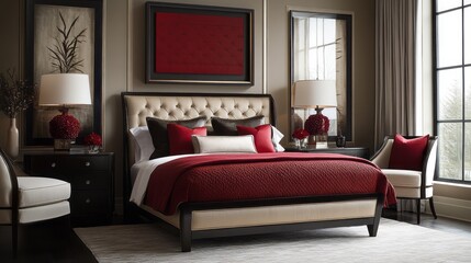 Fototapeta premium Luxurious Bedroom with Red and Black Accents