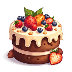 Indulge in the sweetness of a delectable layered cake adorned with fresh fruits, digital illustration of food art concept.