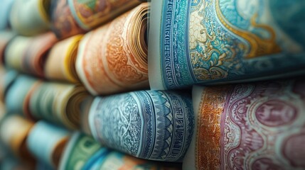 Close-up of a stack of rolled-up banknotes with intricate designs and vibrant colors.