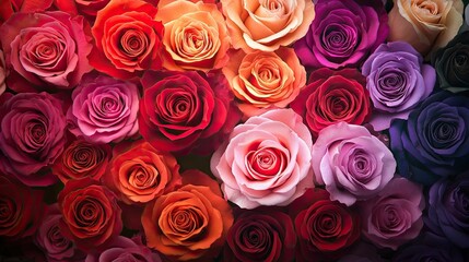 Naklejka premium A vibrant array of roses in various shades of red, pink, purple, and orange.