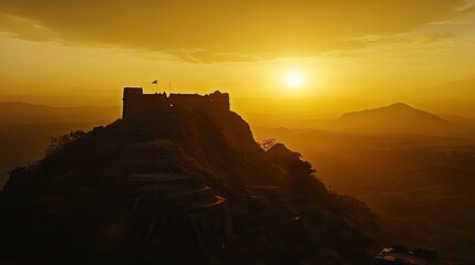 Obraz premium A silhouette of a fortress on a hilltop with the sun setting in the distance, creating a warm and inviting atmosphere.