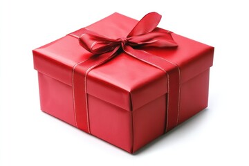 Obraz premium A red ribbon-tied gift box against a white background, perfect for a celebratory and cheerful holiday theme.