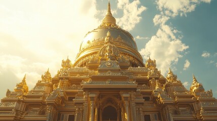 Fototapeta premium A golden temple with intricate details shines under a bright sky.