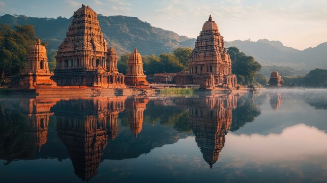 Ancient temples reflected in a still lake at sunrise.