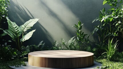 3D podium in a lush tropical setting, surrounded by vibrant green plants, creating a fresh exhibition area for displays