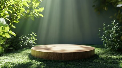 3D podium in a lush tropical setting, surrounded by vibrant green plants, creating a fresh exhibition area for displays