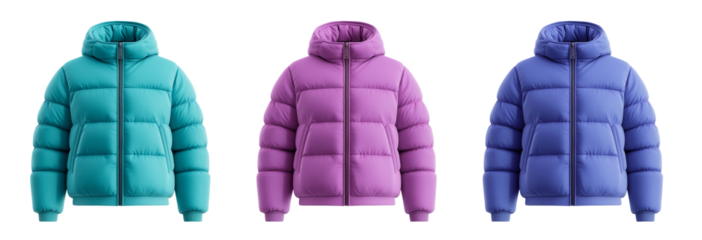 Set of Trendy pastel soft turquoise, lilac, violet colored down puffer colorful winter down jacket hooded parka jacket, mockup, template, product presentation, on isolated transparent background, png