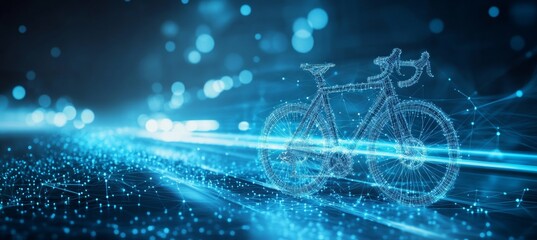 Digital Bicycle Icon On Technology Background With Lines, Connecting Dots, And Triangles in Blue