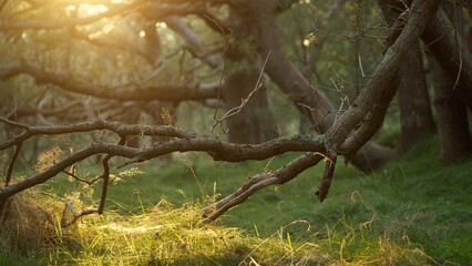A Beautiful Enchanted Forest, Where Sunbeams Filter Through Tree Canopies, Illuminating Lush Green Grass and Twisted Branches. Concept of Fairytale Landscapes in European and North American Forests.