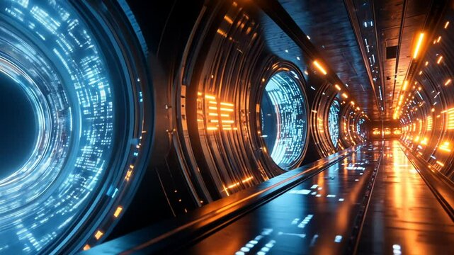 Hyperspeed continuous footage: The camera flies through a futuristic tunnel with glowing lights.