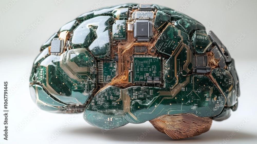 Poster a brain silhouette filled with microprocessors demonstrating the blend of technology and cognition