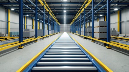 A modern warehouse interior featuring yellow safety rails and a long conveyor belt, with shelves lining the spacious, well-lit environment.