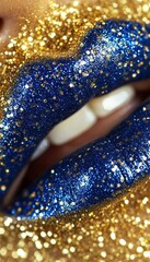 Close-Up of Plump Lips with Sparkly Blue Lipstick and Gold Glitter Makeup, Beauty and Glamour