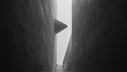 Generative AI, Dark, dramatic black-and-white architectural photograph of towering concrete walls with minimal light and sharp geometric contrasts