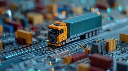 A miniature truck navigates a circuit board landscape dotted with colorful shipping containers, blending technology and logistics.