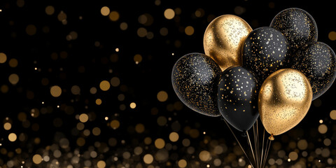 Naklejka premium dazzling display of 3D black and gold balloons adorned with glitter, floating on a blurred background, creating an elegant and festive atmosphere, perfect for celebrations like birthdays or New Year’s