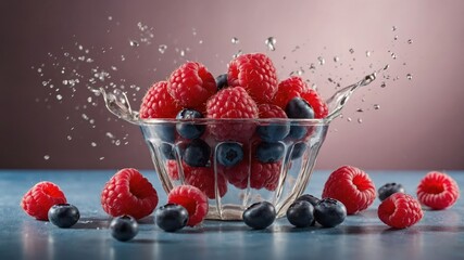 A glass bowl filled with raspberries and blueberries, splashing water around.