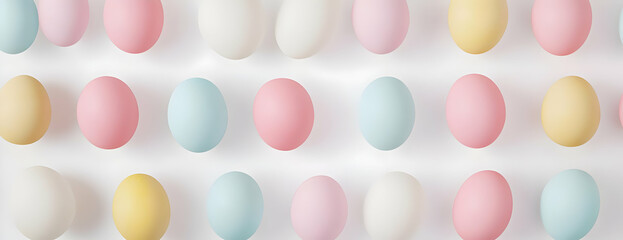 Cute easter egg background image - A pattern of pastel-colored eggs arranged neatly on a light background.