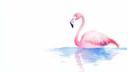 Fototapeta premium A graceful pink flamingo stands in a serene water reflection, showcasing its elegant curves against a minimalist background.