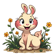 Embrace the joy of nature with a playful bunny among vibrant wildflowers, digital illustration of character design concept.