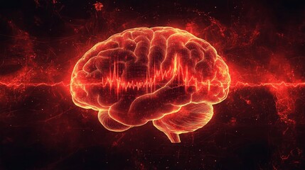 Fototapeta premium Brain silhouette with a digital heartbeat on a dark background highlighting neuroscience