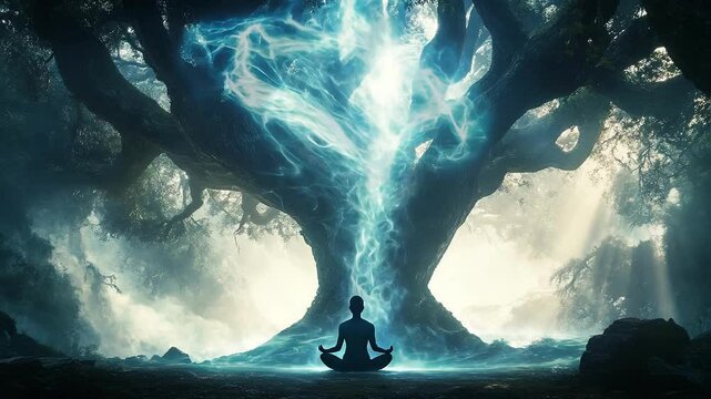 Ethereal Meditation Under Mystic Tree Seamless Loop Background
