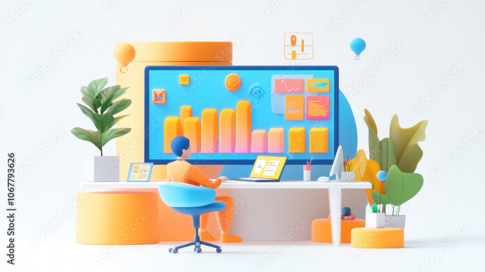 Poster modern workspace with person analyzing data on large screen, surrounded by plants and colorful