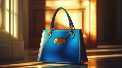 Richly colored handbag in royal blue, golden buckle, softly lit room, minimalist design