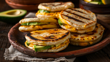 A delicious serving of arepas, showcasing the perfect combination of cheesy goodness and creamy avocado, ideal for any meal