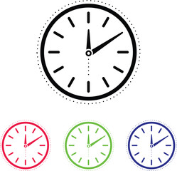 A set of four simple and minimalist clock icons in various colors,  for use in web and mobile app designs, presentations, and infographics, vector illustration.