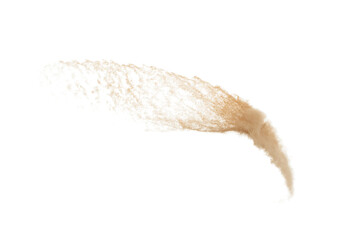 Abstract cloud fly. Yellow colored sand splash throwing curve circle in Air. Golden grain wave explode. Fine Sand flying explosion, White background Isolated throwing particle element object